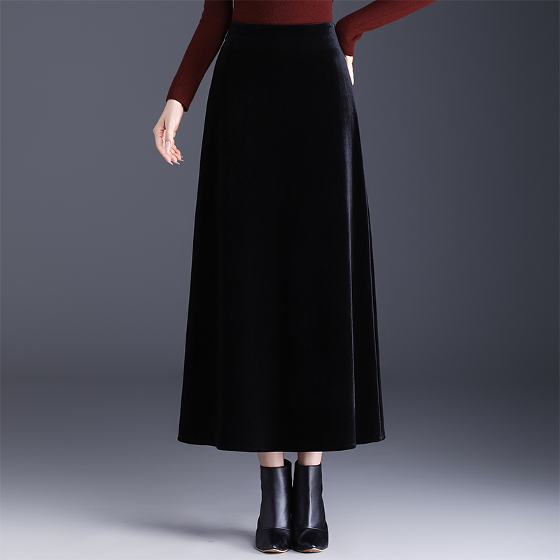 黑色加绒金丝绒a字裙半身裙长裙