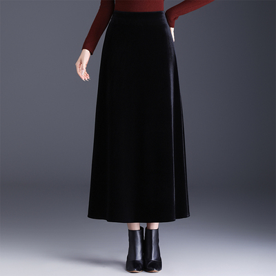 黑色加绒金丝绒a字裙半身裙长裙