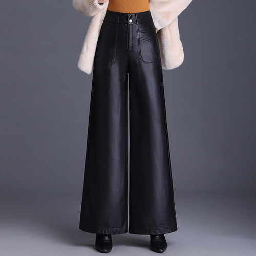 黑色宽松PU皮裤阔腿裤气质长裤