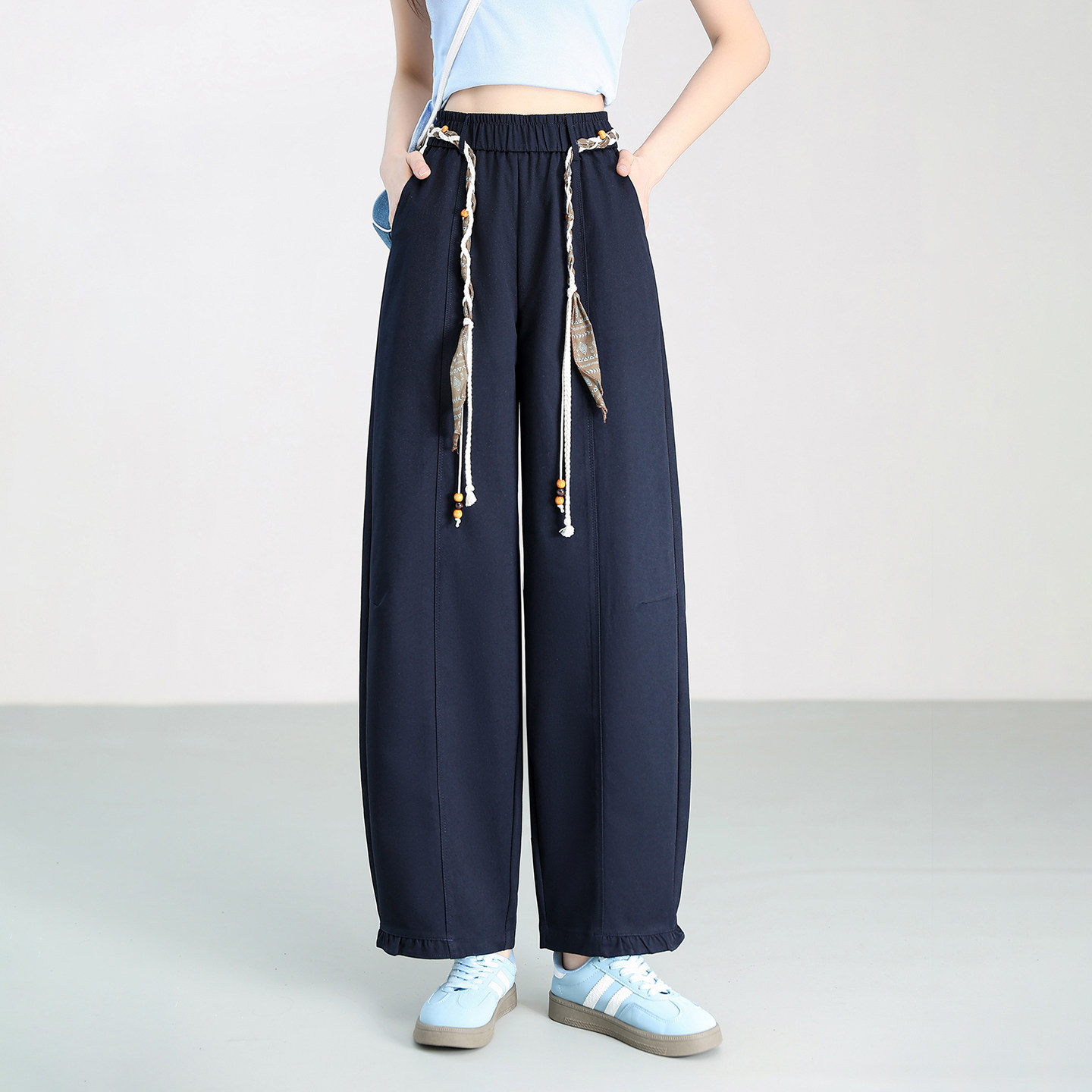 2026春夏新款松紧腰宽松阔腿花苞裤女小个子垂感百搭休闲裤长裤子