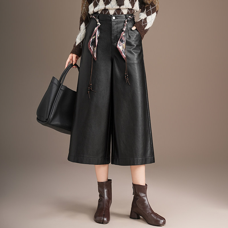 PU皮裤阔腿七分裤女秋季2025新款宽松时尚百搭休闲裤遮肉宽腿裤子