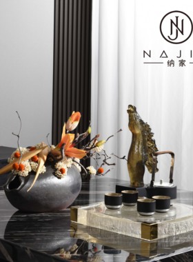 罗曼提新中式创意花艺方形年轮托盘马头摆件样板间客厅茶几售楼处