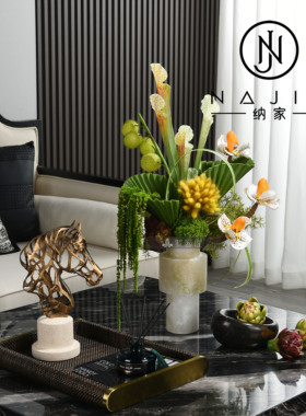 罗曼提海派中古风格创意花艺饰品黑金花果盘样板间客厅茶几售楼处