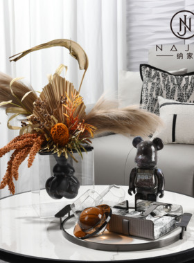 罗曼提现代样板间花艺索拉玛灰色皮革纸巾架摆件客厅茶几摆放组合