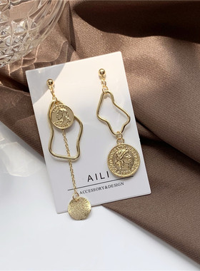 S925银针 复古钱币欧美风几何不对称耳钉气质简约耳环耳夹女A148