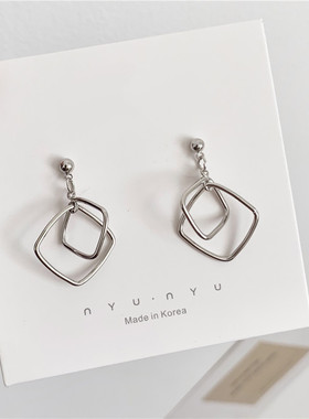 S925银针 韩国气质简约几何镂空方形拼接耳环女个性百搭耳钉B321