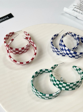 S925银针格子C形圆圈圈耳环女新款潮夸张时尚网红耳钉个性百搭