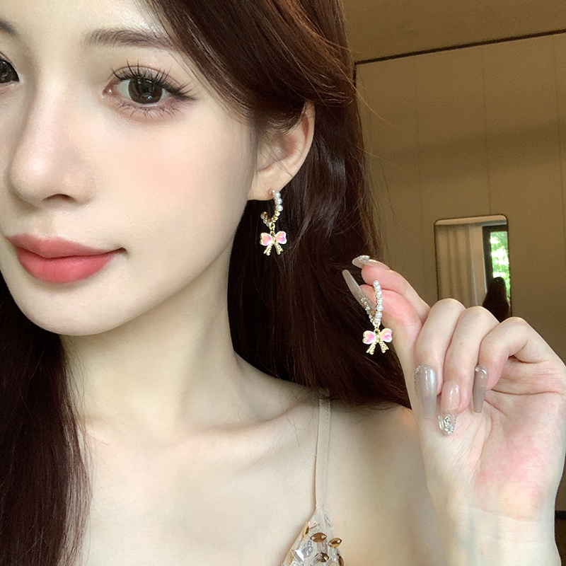 棉条虫日韩合金女蝴蝶结珍珠耳环