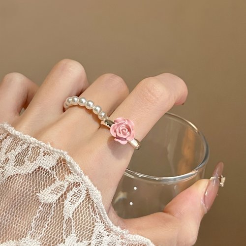 法式玫瑰珍珠戒指女夏日新款