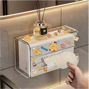 免打孔透明纸巾盒客厅厨房卫生间可粘贴纸巾盒挂壁式防水收纳盒