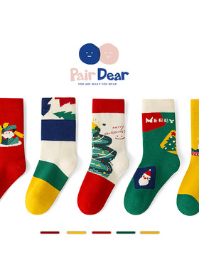 「圣诞袜」秋冬季儿童袜子宝宝纯棉A类女孩抗菌冬天中筒男童大红