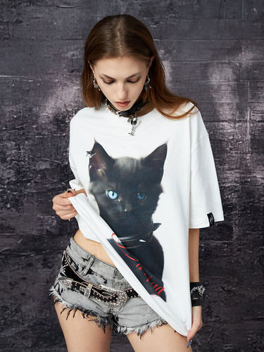 Dar1ng朋克星星chocker黑猫印花大短袖T恤基础百搭上衣t恤