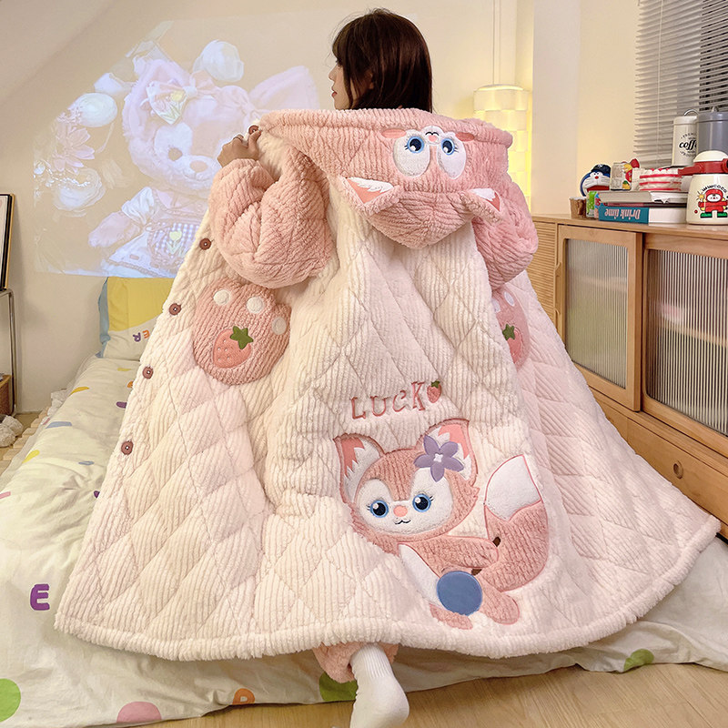 三层铺棉睡衣女士睡袍珊瑚绒秋冬季天2025新款加绒加厚套装家居服