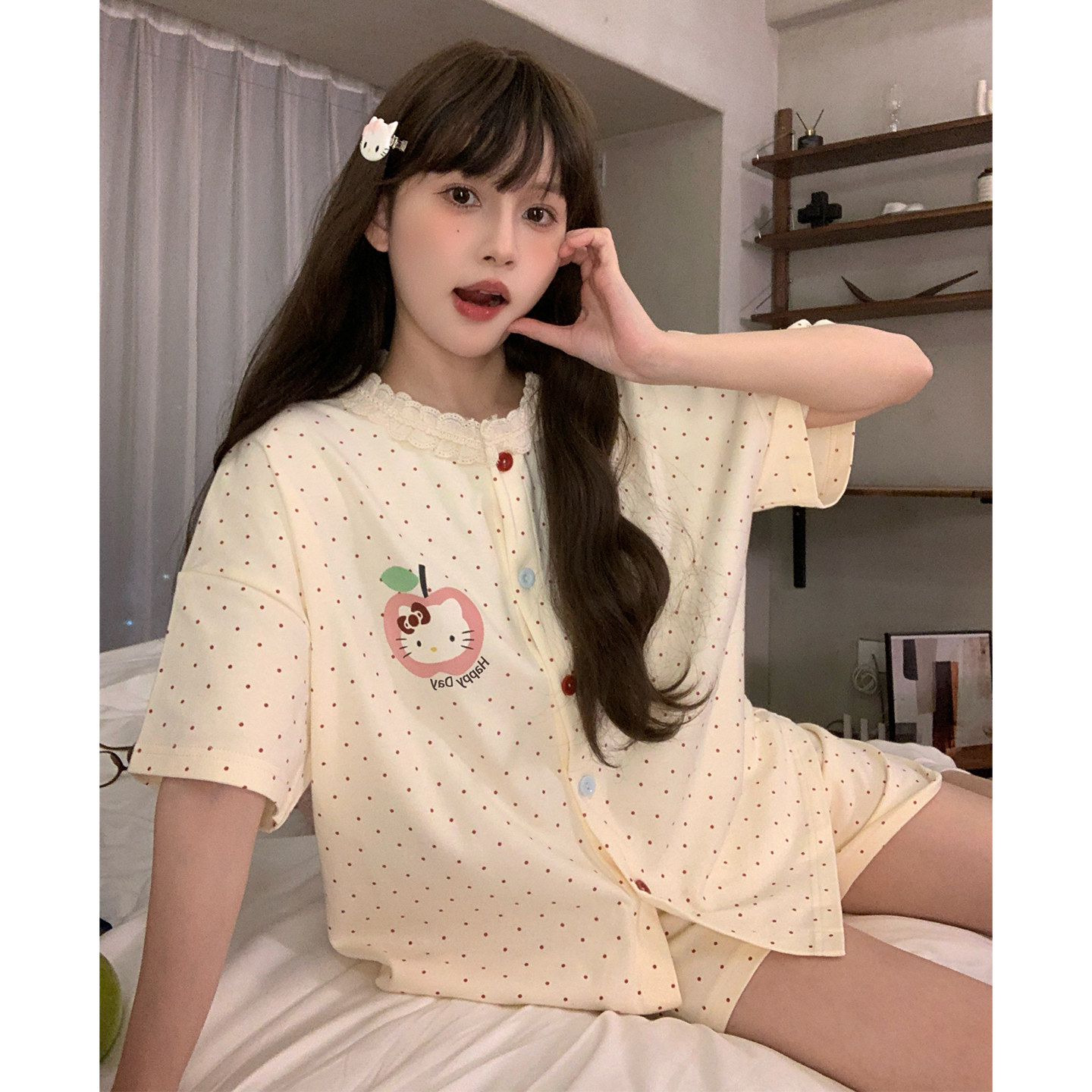 2026年新款夏季天可爱女士短袖蕾丝睡衣小猫套装大码可外穿家居服