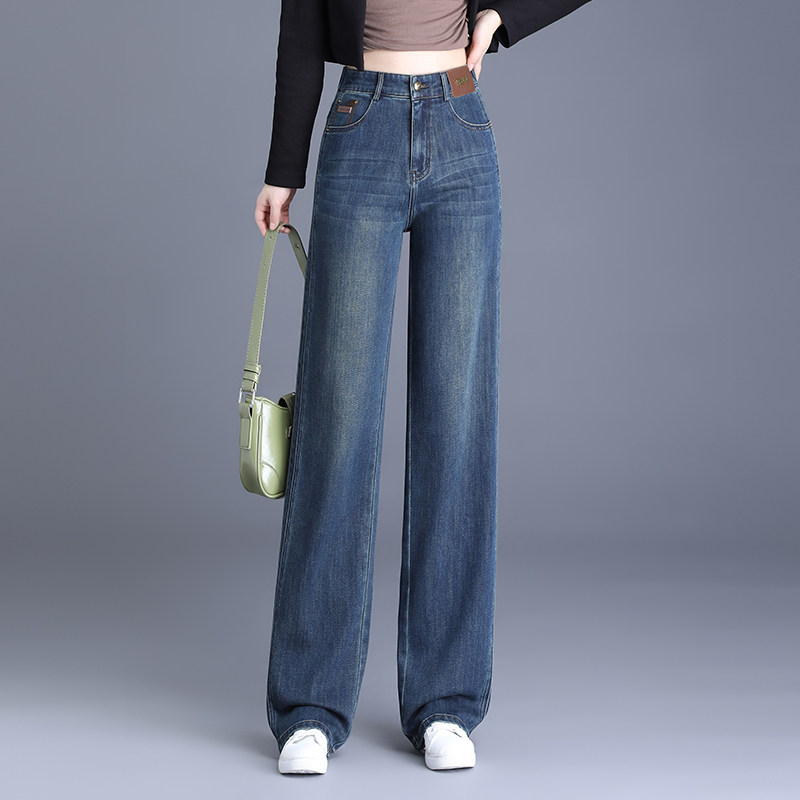 休闲直筒宽松牛仔裤女高腰阔腿