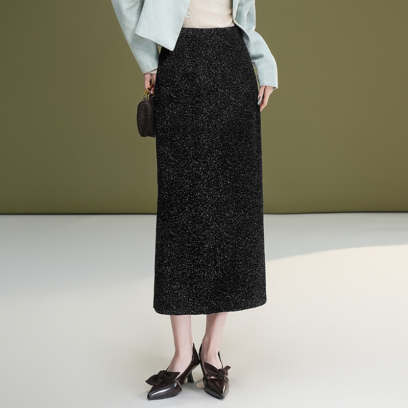 黑色亮丝韩版春秋秋冬高腰小香风显瘦A字百搭半身裙后开叉一步裙