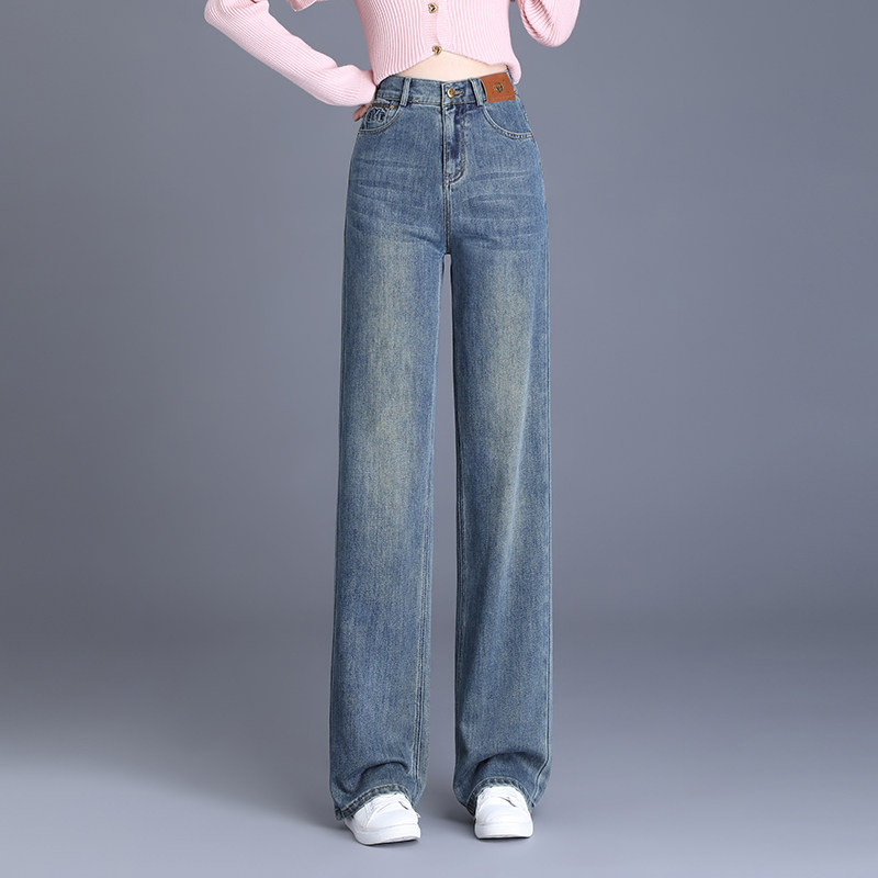 复古长直筒牛仔裤女2024秋季