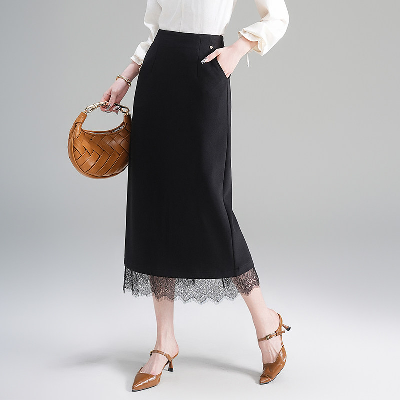 时尚气质半身裙女2025秋新款遮肉显瘦蕾丝边中长款直筒黑色包臀裙