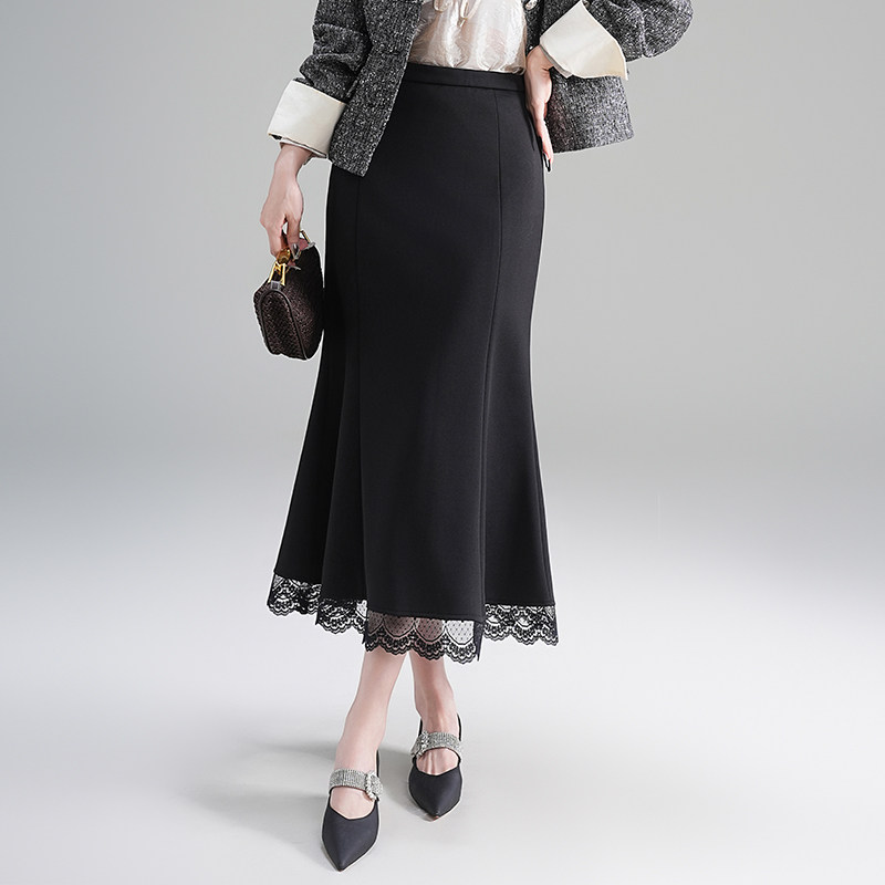 蕾丝拼接半身裙女春秋季2025新款高腰显瘦中长款a字鱼尾包臀裙子