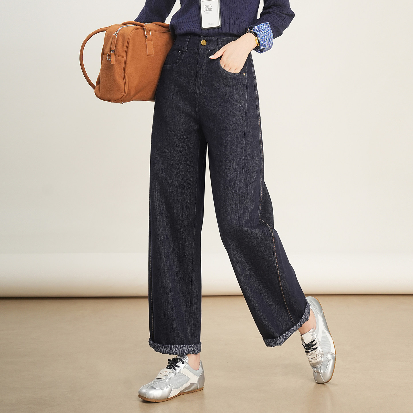 丹宁蓝高腰直筒牛仔裤女2025秋冬款不易褪色阔腿宽松拖地裤九分裤