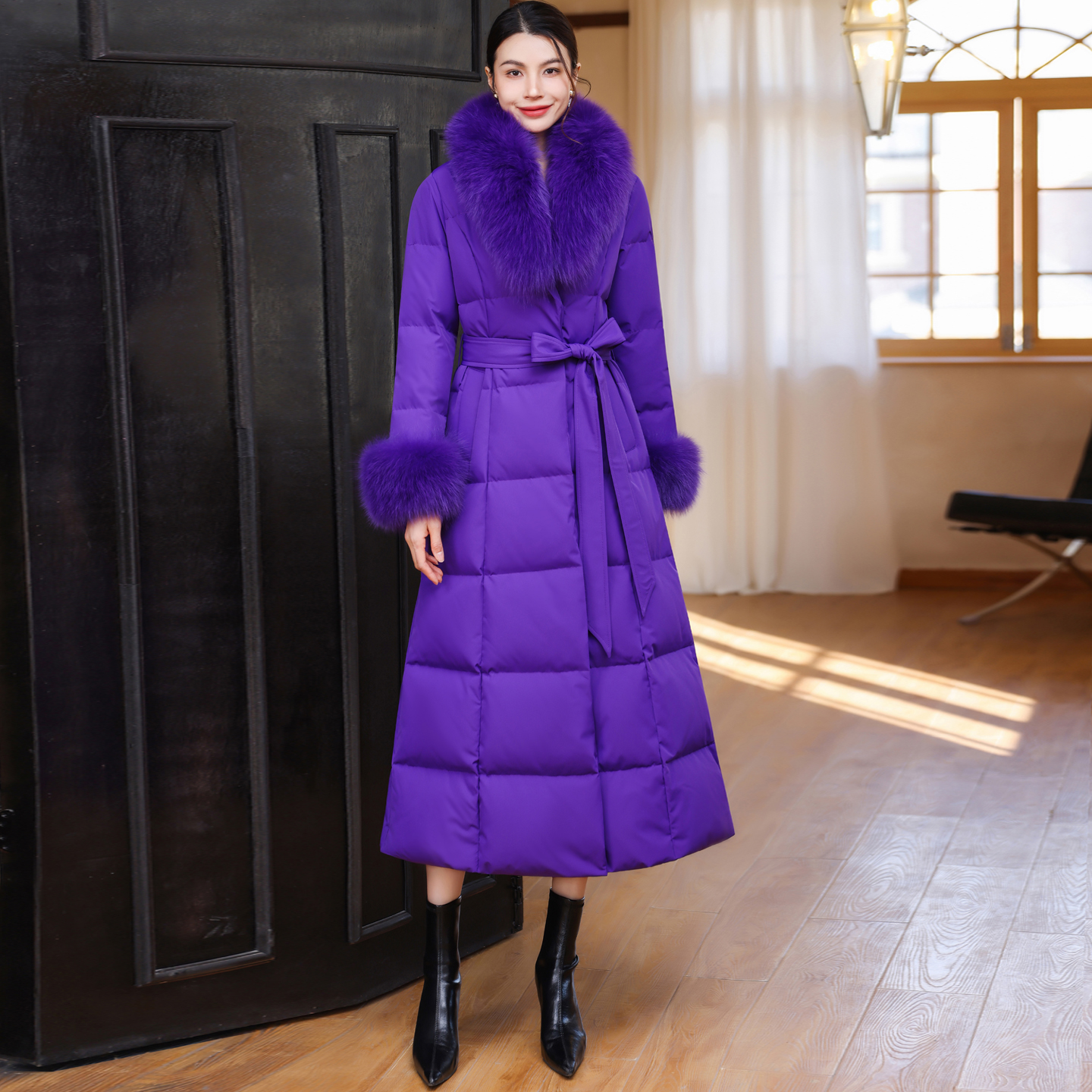 冬季新款显瘦过膝大毛领外套长款保暖加厚修身紫色西装领羽绒服女