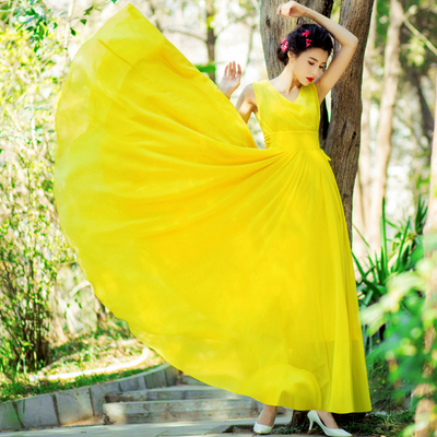 雪纺纯色复古风抽绳系带大摆长裙