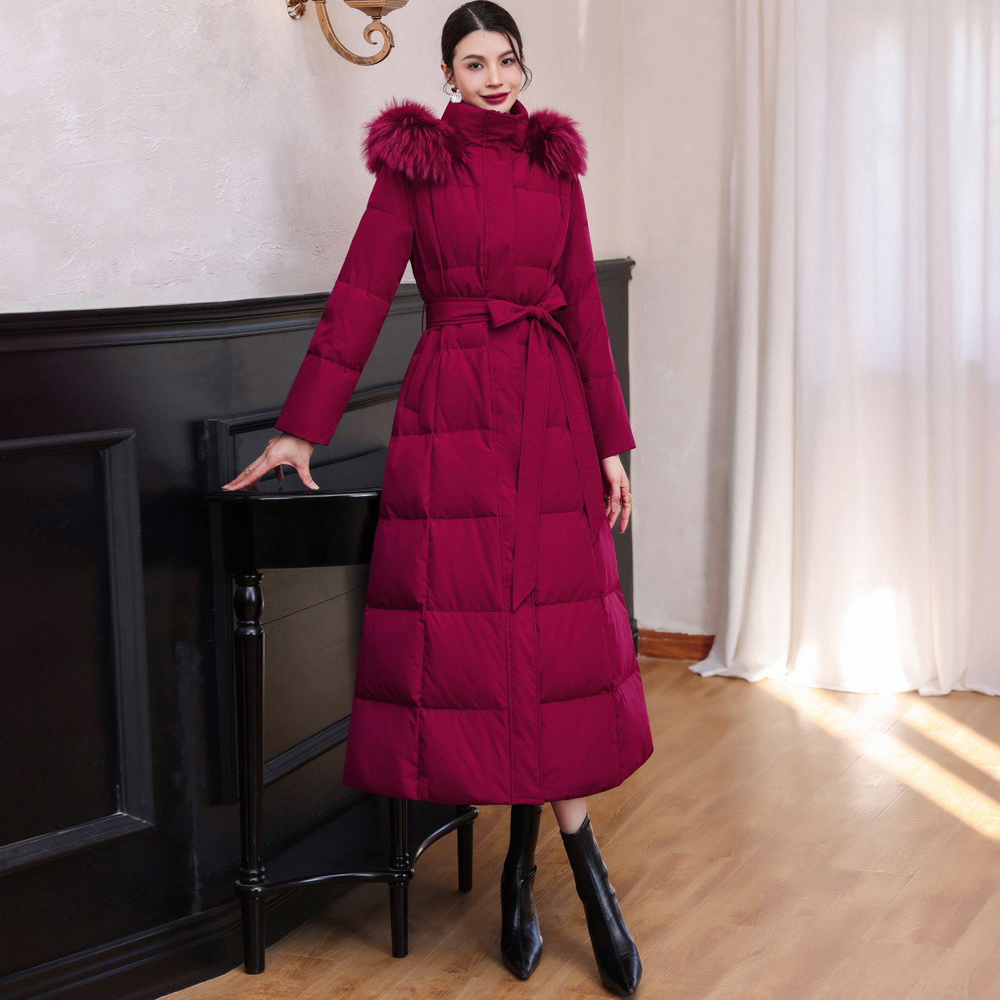 冬季显瘦过膝大毛领外套长款保暖加厚修身酒红色连帽立领羽绒服女
