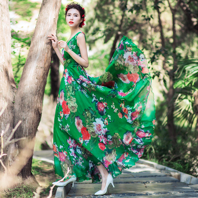 复古风大摆雪纺碎花v领无袖系带