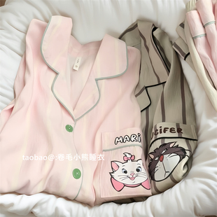卡通短袖 日系ins大脸猫情侣睡衣女夏季 三件套纯棉可外穿家居服男