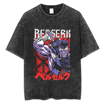 剑风传奇Berserk男士复古黑水洗纯棉做旧T恤男夏季宽松街头上衣潮