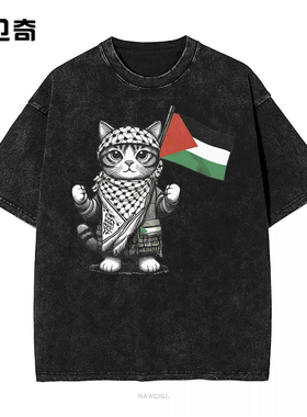Washed T-Shirt Palestinian Keffiyeh Cat Hip Hop水洗短袖T恤衫