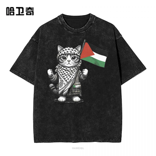 Washed T-Shirt Palestinian Keffiyeh Cat Hip Hop水洗短袖T恤衫