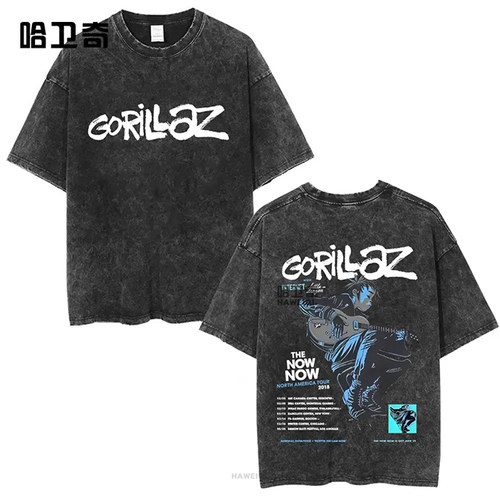 水洗复古摇滚乐队Gorillaz The Now Now专辑印花T恤嘻哈朋克短袖