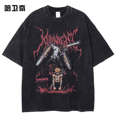 Chainsaw Man T-shirt动漫水洗t恤棉质短袖T恤衫原宿复古做旧tee