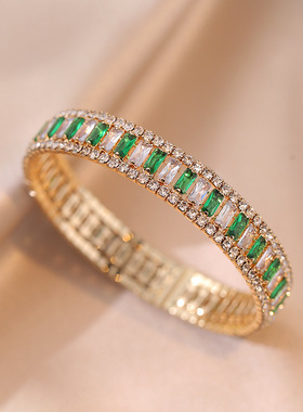 手镯 日韩风祖母绿方形几何镶钻锆石开口个性ins手链气质手饰