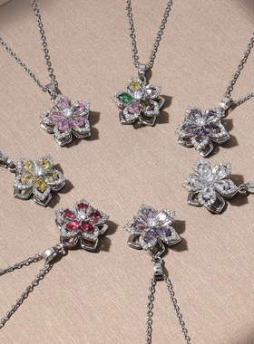 项链女网红旋转紫荆花锆石花朵小众时尚新款设计吊坠气质钛钢项链