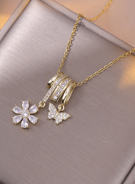 项链女跨境时尚网红蝴蝶锆石花朵小众新款设计感吊坠气质钛钢项链