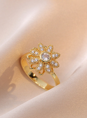 戒指女 花朵锆石开口戒指旋转小众设计日韩风食指戒网红可调节指