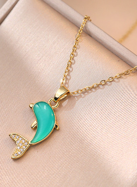 项链女 日韩风时尚网红气质彩色滴油海豚项链女网红钛钢锁骨链