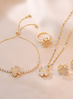 镶锆石女钛钢项链戒指耳钉三件套