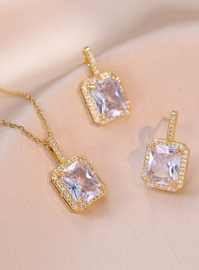 项链女 日韩风网红新款璀璨锆石方糖耳饰小众设计感方形套装项链