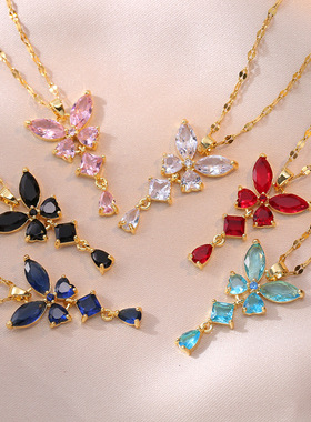 项链女 欧美跨境祖母绿锆石ins时尚项链彩色日韩风蝴蝶锁骨链饰品