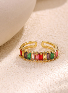 跨境欧美爆款微镶彩色锆石开口戒指轻奢时尚指环小众百搭饰品