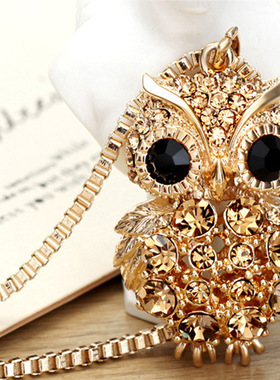 欧美复古满钻猫头鹰毛衣链长款女气质百搭动物项链吊坠设计配饰