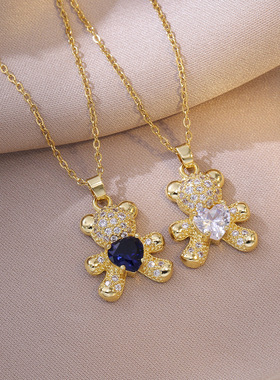 项链女 网红爱心锆石小熊项链小众日韩风新款设计感气质钛钢项链