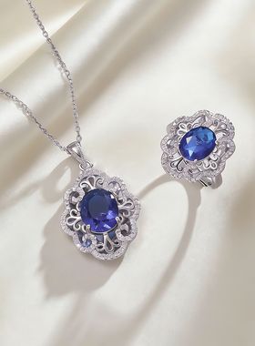 项链女网红蓝色锆石花朵小众跨境新款设计感戒指气质套装钛钢项链