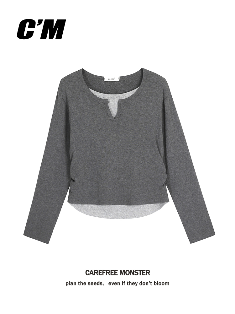 韩风通勤长袖休闲加绒假两件纯棉