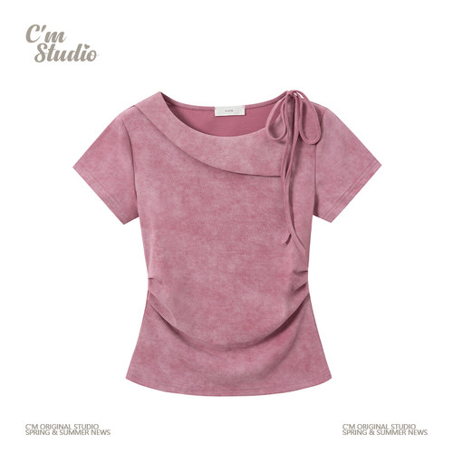 绑带不规则翻领扎染正肩短袖T恤