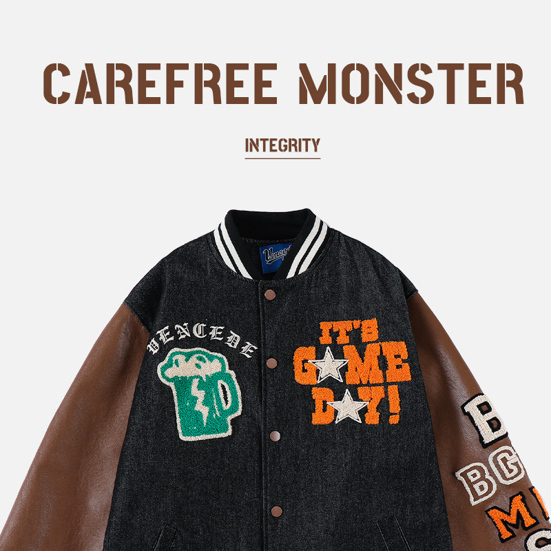 c"monster 美式复古潮牌hiphop嘻哈毛巾绣棒球服外套男女情侣夹克