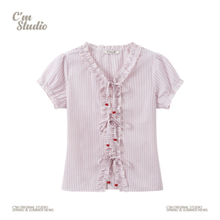 快乐兽 捏褶花边绑带粉色条纹V领衬衫短袖女甜美风修身泡泡袖上衣